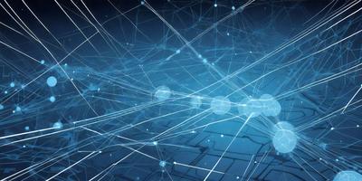 The primary subject of the image is a complex network of interconnected lines, which create a visually intriguing and dynamic pattern. The setting is a dark blue background, which contrasts with the lines and adds depth to the composition. The visual style is a combination of digital art and illustration, as the lines are rendered in a way that resembles a computer-generated or hand-drawn pattern. The colors and mood of the image are predominantly dark and moody, with the blue background and the interconnected lines