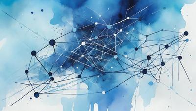 The primary subject of the image is a blue and white painting of a network of interconnected lines and dots. The setting is a blue background, and the visual style appears to be a digital art or illustration. The dominant colors are blue and white, creating a calm and serene atmosphere.