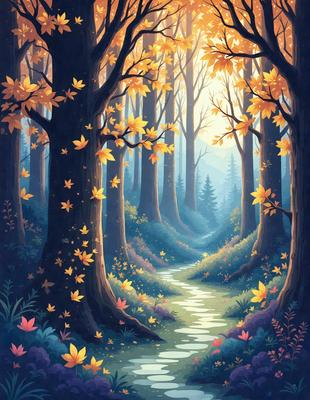 The primary subject of the image is a forest path surrounded by trees and leaves. The setting is a forest with a sunny day, creating a serene and peaceful atmosphere. The visual style is an illustration, with a focus on the natural elements and the sunlight filtering through the trees. The colors and mood are predominantly warm and inviting, with the sunlight creating a sense of warmth and tranquility.