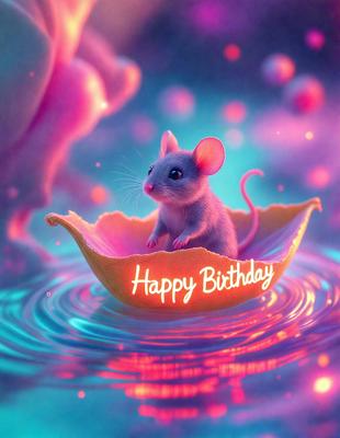 The primary subject of the image is a small mouse sitting in a boat. The boat is floating on a body of water, which appears to be a pink, purple, or blue color. The visual style of the image is digital art, as it is a well-crafted illustration of a mouse in a boat. The colors and mood of the image are vibrant and cheerful, as the mouse appears to be enjoying its time in the boat.