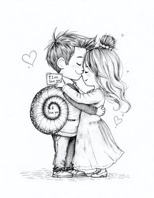 The image features a young man and woman standing close to each other, with the man holding a heart-shaped object, possibly a locket, around the woman's neck. They are both smiling, and the scene appears to be a romantic moment between the two. The visual style of the image is a hand-drawn illustration, giving it a warm and personal touch. The primary subject of the image is the couple, and the setting is a close-up of their faces and the heart-shaped object. The