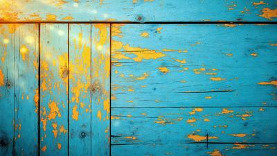 The primary subject of the image is a wooden door with a blue background. The door has a yellowish-orange color, giving it a vintage appearance. The setting is a room with a blue wall, and the visual style is a combination of a photo and a painting. The colors and mood of the image are warm and inviting, with the blue wall and yellowish-orange door creating a cozy atmosphere.