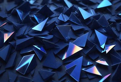 The primary subject of the image is a collection of blue triangles, which are arranged in various shapes and sizes. The setting is a black background, which contrasts with the blue triangles, making them stand out. The visual style is a mix of digital art and illustration, as the triangles appear to be digitally created and arranged. The colors and mood of the image are predominantly blue, giving it a calm and serene atmosphere.