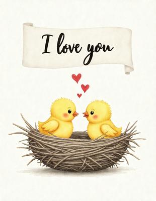 The image features two yellow birds sitting in a nest, with their beaks touching. The birds are the primary subject of the image, and they are depicted in a cute and affectionate manner. The setting is a nest, which is the backdrop of the scene. The visual style of the image is a combination of digital art and illustration, creating a whimsical and charming atmosphere. The colors are predominantly yellow, which adds warmth and brightness to the scene.
