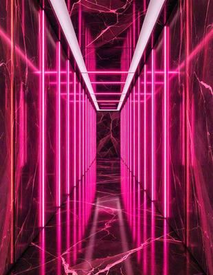 The primary subject of the image is a long, narrow hallway with a pink lighting effect. The setting is a marble-lined hallway, and the visual style appears to be a combination of a photo and digital art. The dominant colors in the image are pink and purple, creating a unique and visually striking atmosphere.