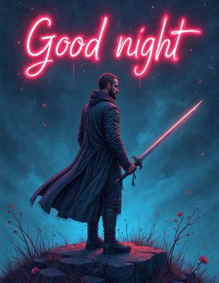 The primary subject of the image is a man holding a sword, standing on a hill at night. The setting is a dark, cloudy sky, and the visual style is a digital art or illustration. The man is the main focus of the image, and the overall atmosphere is dramatic and intense.