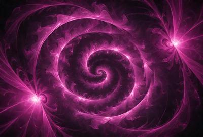 The primary subject of the image is a large, swirling spiral pattern, which appears to be a digital art or illustration. The spiral is pink and purple, creating a visually striking and vibrant atmosphere. The setting or background of the image is a dark, possibly purple, space, which contrasts with the bright colors of the spiral. The visual style of the image is a combination of digital art and illustration, giving it a unique and artistic appearance.