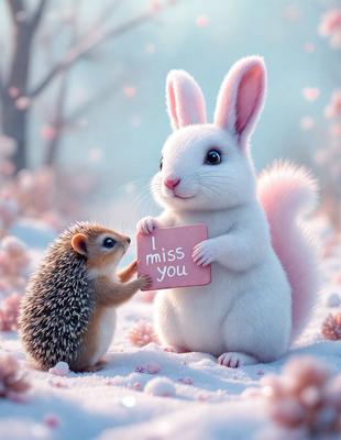 The primary subject of the image is a white rabbit holding a pink sign that reads "I miss you." The setting is a snowy environment, with the rabbit standing on a snow-covered ground. The visual style of the image is a digital art or illustration, creating a whimsical and heartwarming scene. The dominant colors are white and pink, giving the image a warm and cozy atmosphere.