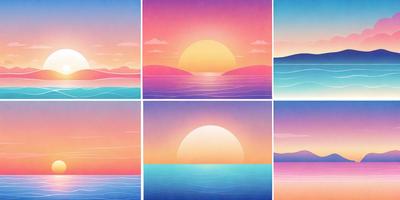The primary subject of the image is a sunset, with the sun setting over the ocean. The setting is a beautiful beach scene with the ocean in the background. The visual style is a combination of digital art and illustration, creating a vibrant and colorful atmosphere. The dominant colors are pink, orange, and blue, which are commonly associated with sunsets and the ocean.
