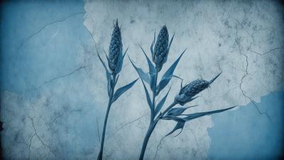 The primary subject of the image is a close-up of three tall, blue corn plants. The setting is a stone wall, which serves as the backdrop for the plants. The visual style is a combination of a photo and digital art, creating a unique and artistic representation of the corn plants. The dominant colors are blue and green, giving the image a calm and serene atmosphere.