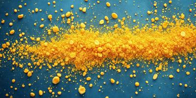 The primary subject of the image is a yellow substance, possibly a powder or a food item, that is spread across a blue surface. The setting appears to be a table or a countertop, and the visual style suggests that the image could be a photo, a digital art piece, or an illustration. The dominant colors in the image are yellow and blue, creating a vibrant and lively atmosphere.