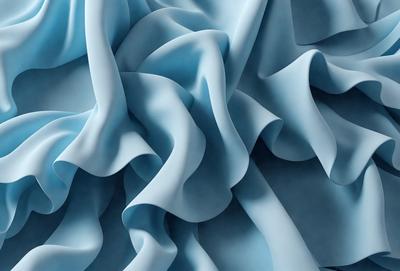 The primary subject of the image is a blue fabric, possibly a piece of clothing or a curtain. The setting is a room with a blue background, which adds to the overall atmosphere. The visual style is a close-up of the blue fabric, showcasing its texture and details. The colors and mood of the image are predominantly blue, creating a calm and serene atmosphere.