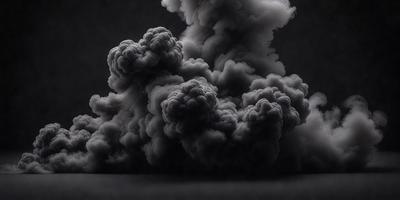 The primary subject of the image is a cloud of smoke or fog, which is the main object, scene, or focus of the image. The setting is a dark background, which adds to the overall atmosphere. The visual style is a black and white photo, which gives the image a classic and timeless appearance. The colors and mood are dominated by the dark tones of the smoke or fog, creating a mysterious and dramatic scene.