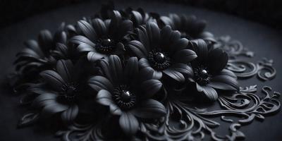 The primary subject of the image is a black flower with a black center. The setting is a dark background, which creates a dramatic and moody atmosphere. The visual style is a close-up of the flower, showcasing its details. The colors and mood are predominantly dark, with the black flower being the focal point of the image.