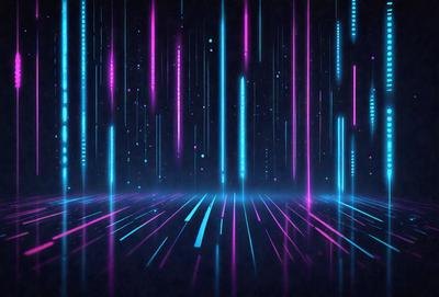 The primary subject of the image is a purple and blue neon light display. The setting is a dark room with a purple and blue background. The visual style is digital art, as the light display is created using a computer. The dominant colors and overall atmosphere are purple and blue, giving the scene a futuristic and vibrant feel.