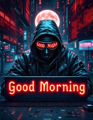 The primary subject of the image is a person wearing a hooded jacket and goggles, sitting in front of a neon sign that reads "Good Morning." The setting appears to be a futuristic environment, possibly a nightclub or a similar venue. The visual style of the image is digital art, with the person and the neon sign being the main focus of the composition. The colors and mood of the image are predominantly dark and mysterious, with the neon sign providing a contrast