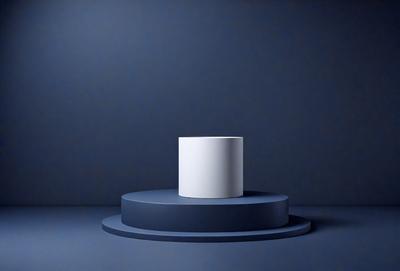 The primary subject of the image is a white, round object, which appears to be a vase or a bowl, placed on a blue surface. The setting is a dark room, and the visual style is a photo. The colors and mood of the image are predominantly dark and moody, with the white object standing out against the blue background.