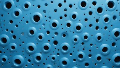The primary subject of the image is a blue wall with a pattern of round holes. The setting is a room with a blue background. The visual style is a combination of a photo and digital art, creating a unique and interesting pattern. The dominant colors are blue and white, giving the wall a clean and modern appearance. The overall atmosphere is calm and inviting.