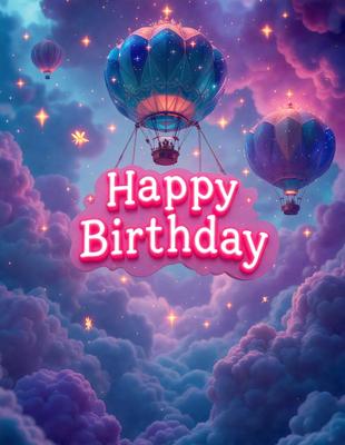 Happy Birthday: [The main object, scene, or focus of the image is a birthday sign with balloons and a cloudy background.]

Setting/background: [The environment, backdrop, or surface visible in the image is a cloudy sky with balloons floating in it.]

Visual style: [The image is a digital art or illustration.]

Colors and mood: [The dominant colors in the image are pink and purple, creating a warm and celebratory atmosphere.]
