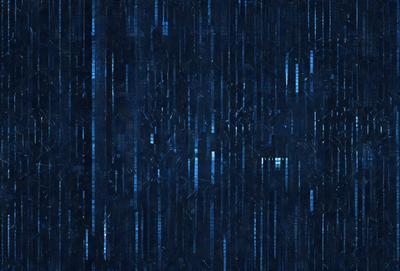 The primary subject of the image is a blue and black patterned wallpaper. The setting is a dark room with a blue background. The visual style is a digital art or illustration, creating a unique and intricate design. The dominant colors are blue and black, giving the image a moody and mysterious atmosphere.