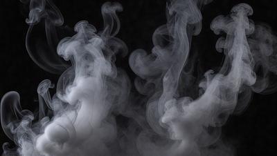 The primary subject of the image is a group of three white statues, each with a different shape and size. They are placed in a dark room, creating a dramatic and mysterious atmosphere. The statues are surrounded by a dense, swirling fog that fills the entire space, giving the scene a surreal and dreamlike quality. The visual style of the image is a combination of photo and digital art, with the statues appearing to be made of smoke or vapor. The colors and mood of the image are predomin