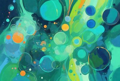 The primary subject of the image is a colorful, abstract painting featuring a variety of shapes, colors, and patterns. The setting is a green background, which complements the vibrant colors of the painting. The visual style is a mix of digital art and illustration, creating a unique and eye-catching piece of art. The dominant colors are green, blue, and orange, giving the painting a lively and energetic atmosphere.