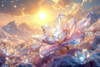 The primary subject of the image is a beautifully crafted flower made of crystals. The flower is situated in a snowy environment, with a mountainous background. The visual style of the image is a combination of digital art and illustration, creating a unique and captivating scene. The dominant colors in the image are white and pink, giving the flower a delicate and elegant appearance. The overall atmosphere of the image is serene and enchanting, with the crystal flower standing out against the snowy backdrop.