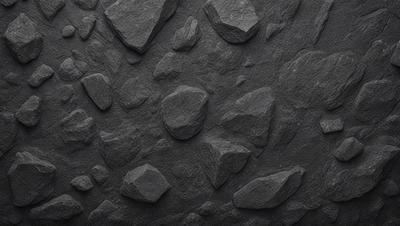 The primary subject of the image is a large rock wall with a pattern of small rocks on it. The setting is a rocky surface, and the visual style is a close-up of the rock wall. The dominant colors are black and grey, giving the image a dark and moody atmosphere.