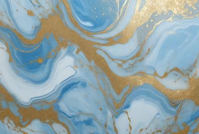The primary subject of the image is a blue and gold marbled wallpaper with a gold and blue swirl pattern. The setting is a room with a blue and gold marbled wallpaper, which creates a luxurious and elegant atmosphere. The visual style is a close-up of the wallpaper, showcasing the intricate design and colors. The colors and mood of the image are predominantly blue and gold, giving it a sophisticated and refined appearance.