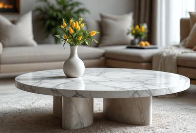 The primary subject of the image is a white vase with yellow flowers sitting on a white marble table. The setting is a living room with a couch and a potted plant in the background. The visual style is a photo, and the colors and mood are predominantly white and neutral, creating a clean and elegant atmosphere.