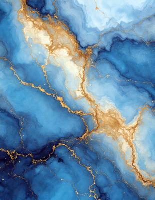 The primary subject of the image is a blue and gold marbled wall. The setting is a room with a blue and gold marbled wall, which serves as the background. The visual style is a painting, with the artist using a combination of blue and gold colors to create a striking and luxurious appearance. The colors and mood of the image are predominantly blue and gold, giving it a sophisticated and elegant atmosphere.