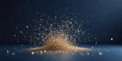 The primary subject of the image is a close-up of a sparkling, golden substance, likely powdered sugar, which is scattered on a blue surface. The setting appears to be a dark room, with the blue background providing a contrasting backdrop for the sparkling substance. The visual style of the image is a close-up, focusing on the details of the sparkling substance. The colors and mood of the image are predominantly dark and moody, with the golden sparkles providing a touch of