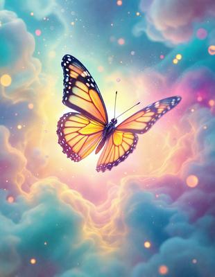 The primary subject of the image is a butterfly, which is the main object, scene, or focus of the image. The butterfly is flying in a colorful, cloudy sky, which serves as the setting or background. The visual style of the image is digital art, as it is a digital illustration of a butterfly. The dominant colors in the image are yellow and orange, creating a warm and vibrant atmosphere.