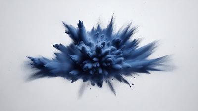 The primary subject of the image is a blue explosion, which appears to be a digital art or illustration. The setting is a white background, and the visual style is a mix of digital art and illustration. The dominant colors in the image are blue and white, creating a sense of energy and movement.