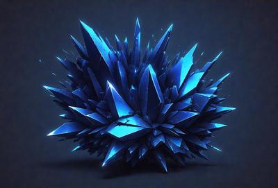 The primary subject of the image is a large, blue, crystal-like structure, possibly a sculpture or a digital art piece. The setting is a dark background, which contrasts with the bright blue color of the crystal. The visual style appears to be a digital art or illustration, as the crystal has a detailed and intricate design. The colors and mood of the image are predominantly blue, creating a sense of depth and mystery.