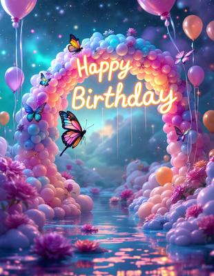 Happy Birthday: [The main object, scene, or focus of the image is a birthday banner with balloons and butterflies on it.]

Pink and Purple: [The setting/background of the image is a pink and purple background.]

Digital Art: [The visual style of the image is digital art.]

Rainbow Colors: [The colors and mood of the image are rainbow colors, creating a cheerful and vibrant atmosphere.]