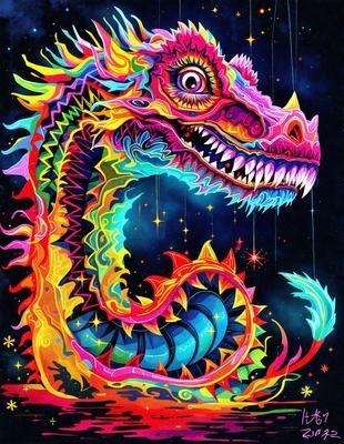 The primary subject of the image is a colorful, rainbow-colored dragon with a mouth full of teeth. The dragon is the main focus of the image, and it appears to be in a vibrant, lively setting. The visual style of the image is digital art, as it is a computer-generated illustration. The dominant colors in the image are bright and vivid, creating a cheerful and energetic atmosphere.