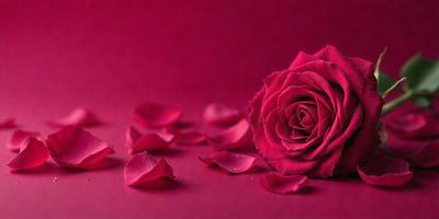 The primary subject of the image is a single pink rose. The rose is placed on a pink background, which creates a visually striking contrast. The visual style of the image is a close-up of the rose, emphasizing its details and beauty. The colors and mood of the image are predominantly pink, giving it a warm and romantic atmosphere.