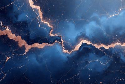 The primary subject of the image is a blue sky with a pattern of light streaks, which gives the impression of a starry night. The setting is a dark blue background, and the visual style appears to be a combination of a photo and digital art. The colors and mood of the image are predominantly dark and moody, with the blue sky and light streaks creating a dramatic and atmospheric scene.