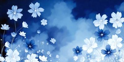 The primary subject of the image is a beautiful blue sky filled with white flowers. The setting is a cloudy sky, creating a serene and peaceful atmosphere. The visual style is a combination of digital art and illustration, with the flowers and sky being depicted in a realistic manner. The colors and mood of the image are predominantly blue and white, evoking a sense of calmness and tranquility.