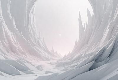 The primary subject of the image is a large, white, and rocky mountain. The setting is a snowy, mountainous landscape with a large, round, white hole in the center. The visual style is a digital art or illustration, creating a dramatic and surreal atmosphere. The dominant colors are white and gray, with the white hole and snowy mountain creating a sense of depth and contrast.