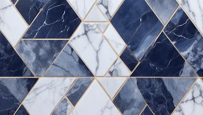 The primary subject of the image is a marble tile with a blue and white pattern. The setting is a bathroom, and the visual style is a photo. The dominant colors are blue and white, creating a clean and elegant atmosphere.