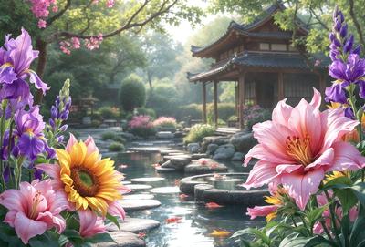 The primary subject of the image is a beautiful garden with a pond, surrounded by a variety of flowers and plants. The garden is set in a serene environment, with a wooden structure nearby. The visual style of the image is a combination of photo and digital art, creating a vibrant and lively atmosphere. The colors and mood of the scene are predominantly warm and inviting, with the flowers and plants adding a touch of natural beauty to the overall composition.