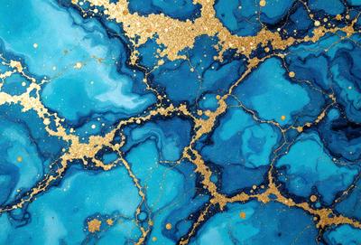 The primary subject of the image is a blue and gold marbled surface, which appears to be a piece of art or a decorative item. The setting is a close-up view of the marbled surface, showcasing its intricate design and patterns. The visual style of the image is a combination of digital art and illustration, as it captures the beauty and complexity of the marbled surface. The dominant colors in the image are blue and gold, creating a sense of luxury and sophistication.