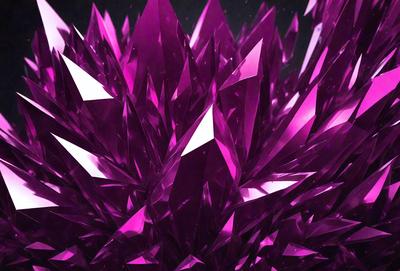 The primary subject of the image is a large, purple crystal structure. The setting is a dark background, which contrasts with the vibrant purple color of the crystal. The visual style appears to be a combination of digital art and illustration, creating a unique and intriguing design. The dominant colors in the image are purple and black, giving the scene a dramatic and mysterious atmosphere.