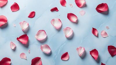 The primary subject of the image is a close-up of a bunch of pink petals, possibly from a rose, scattered on a blue surface. The setting appears to be a countertop or a similar surface. The visual style of the image is a close-up, which emphasizes the details of the petals. The colors in the image are predominantly pink, which gives the scene a delicate and romantic atmosphere.