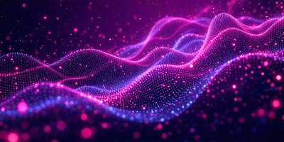 The primary subject of the image is a purple and pink light pattern, which appears to be a digital art or illustration. The setting is a dark background, and the visual style is a combination of digital art and light patterns. The colors and mood of the image are predominantly purple and pink, creating a vibrant and lively atmosphere.