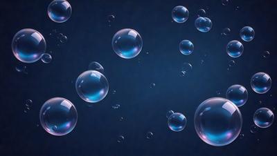 The primary subject of the image is a group of bubbles floating in a dark blue background. The setting is a space with a starry background, giving the scene a celestial and serene atmosphere. The visual style is a combination of photo and digital art, creating a unique and captivating image. The colors are predominantly dark blue and purple, with the bubbles adding a touch of white and light blue.