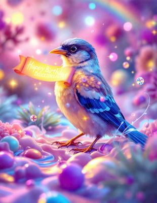 The primary subject of the image is a bird, specifically a blue bird, sitting on a pink surface. The bird is holding a birthday sign, which reads "Happy Birthday." The setting appears to be a colorful and vibrant environment, possibly a fantasy or whimsical scene. The visual style of the image is digital art, as it is a well-crafted and detailed illustration. The dominant colors in the image are pink and blue, creating a warm and cheerful atmosphere.