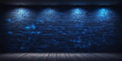 The primary subject of the image is a blue brick wall. The setting is a dark room with a blue brick wall as the main focus. The visual style is a digital art or illustration, creating a moody atmosphere. The dominant colors are blue and black, with the blue brick wall being the most prominent feature in the scene.